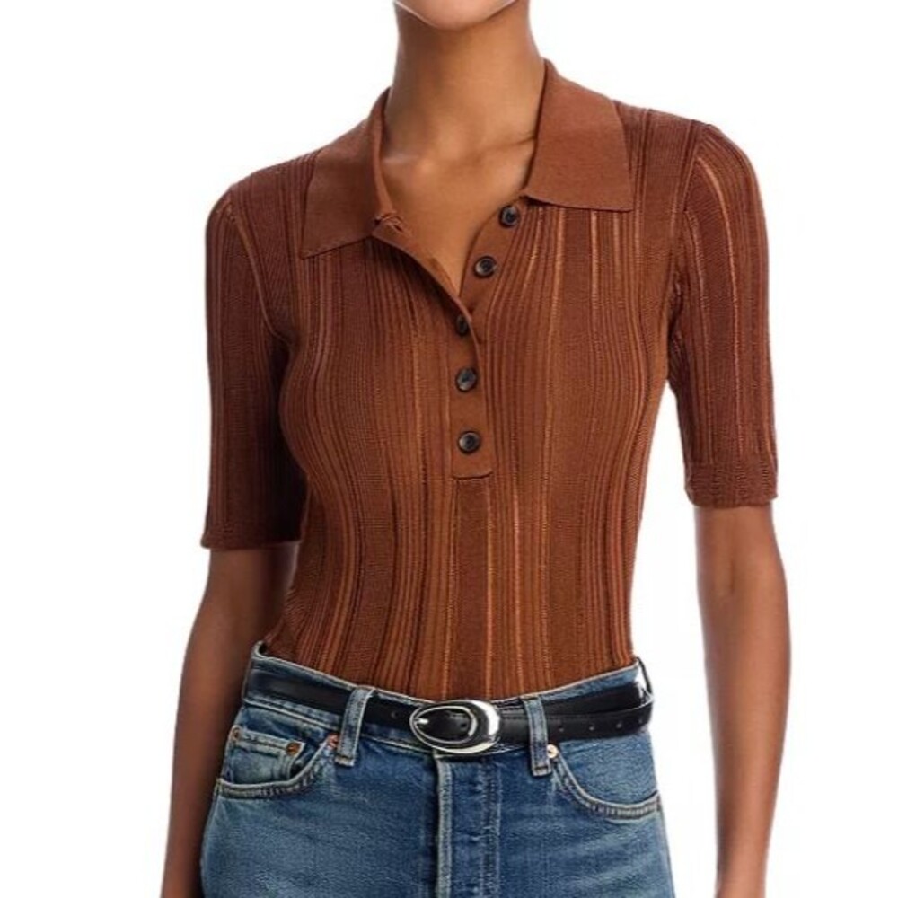 FRAME Laddered Rib Short Sleeve Polo Large Sample Brown Rust